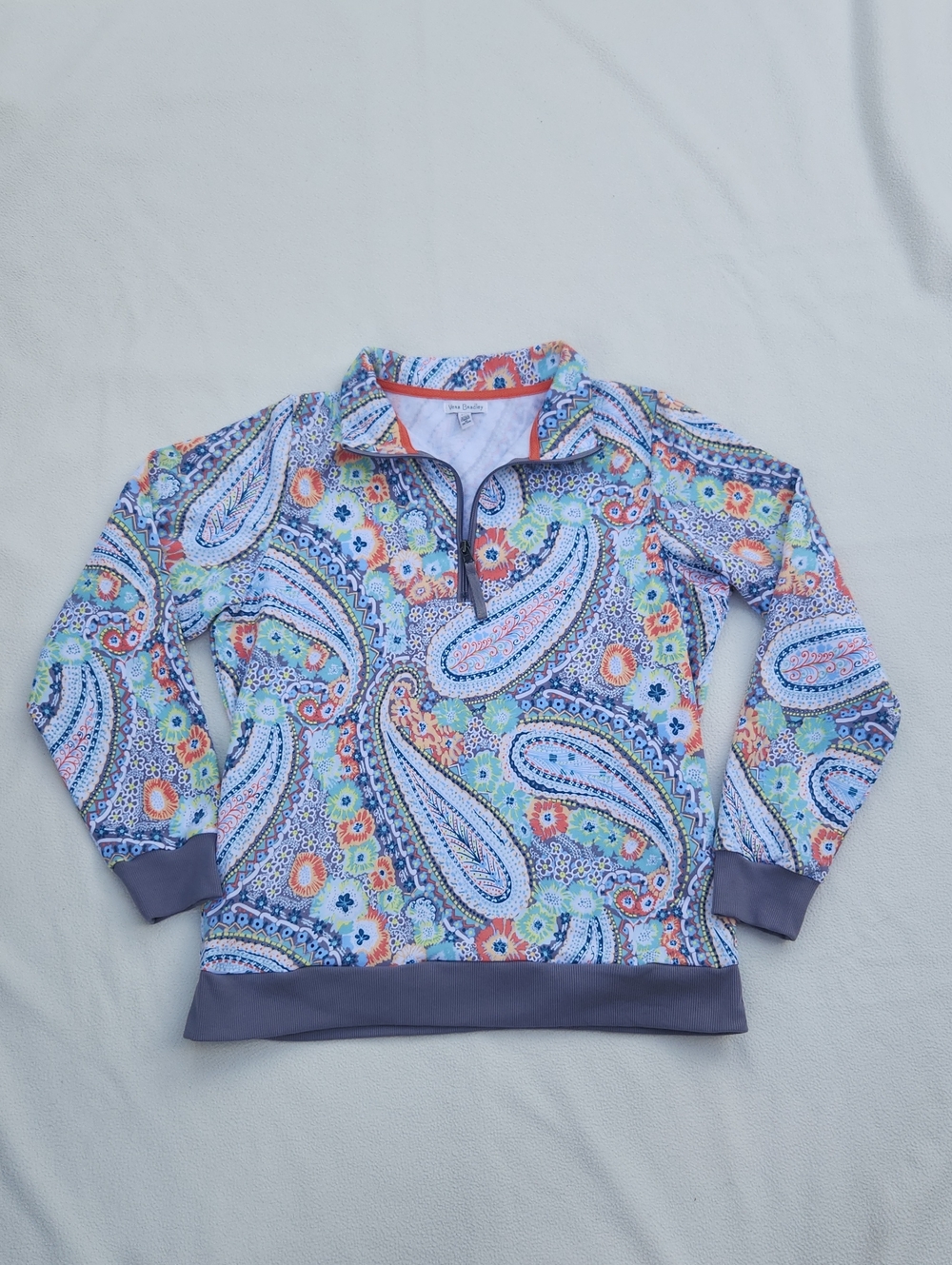 Vera Bradley Paisley Quarter-Zip Pullover in Blue, Orange & Green Sz L